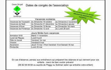 Dates des congés de l'association